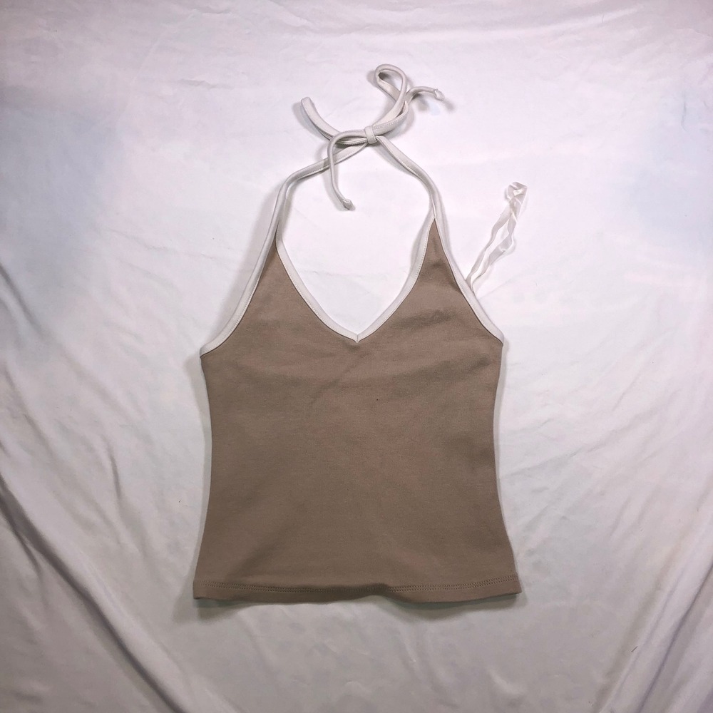 Wild Fable Womens Crop Top Set Tan Halter V-Neck & Green Ringer Cami S M